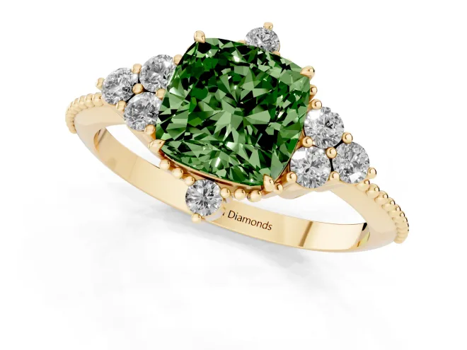 Fancy Green Cushion Cut Diamond Cluster Ring Set in Yellow gold with Beaded Band – second view