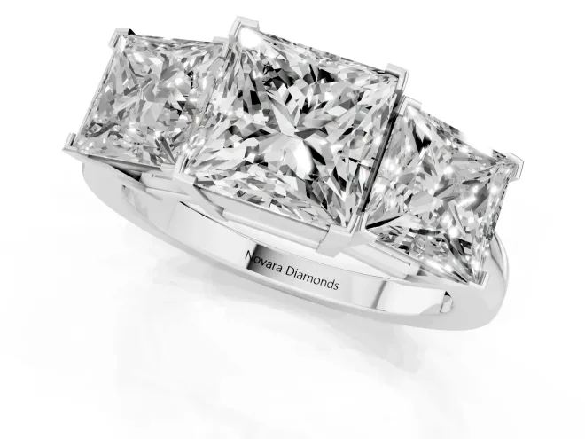 Princess Cut Diamond Three-Stone Ring Set in Platinum with Channel-Set Band and Prong Settings – second view