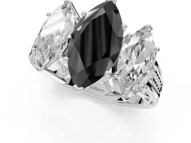Fancy Black Marquise Lab-Grown Diamond Three-Stone Ring Set in Platinum with Textured Band – second view