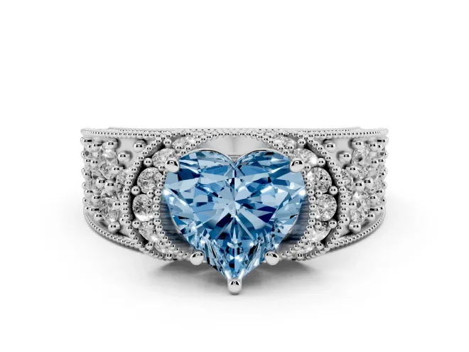 Heart-Shaped Vintage Pavé Engagement Ring Setting for a Fancy Blue Lab-Grown Diamond | Milgrain Edges | Sterling Silver