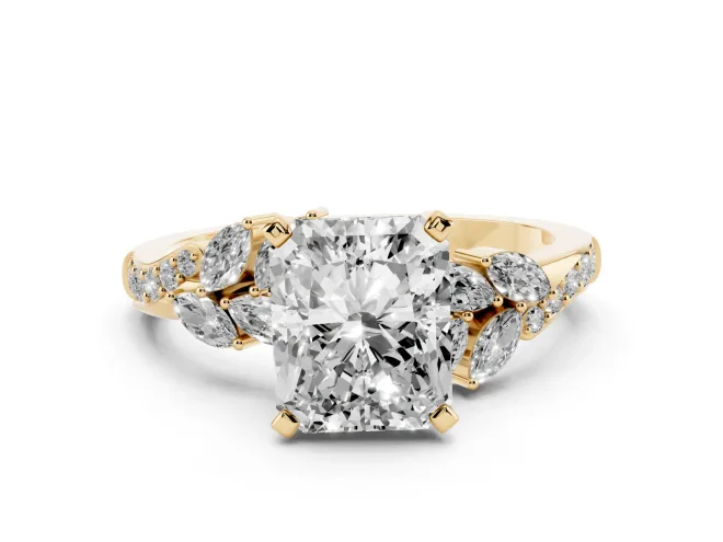 Radiant Cut Floral Engagement Ring Setting | Marquise Side Stones | Yellow Gold
