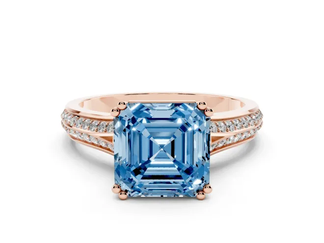 Asscher Cut Pavé Split Shank Engagement Ring Setting for a Fancy Blue Lab-Grown Diamond | Double Claw Prongs | Rose Gold