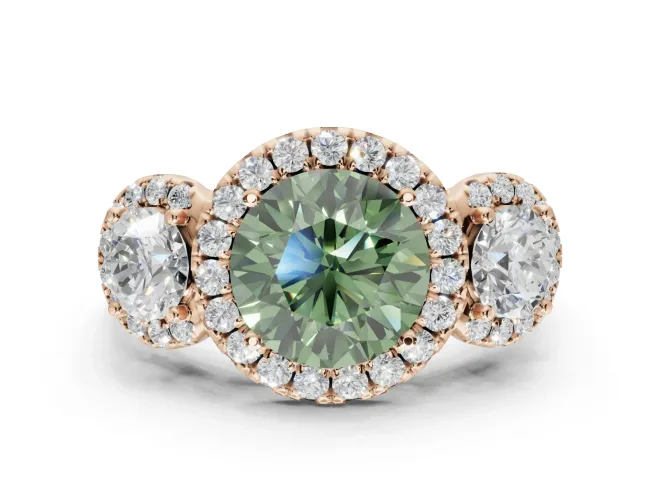 Round Three Stone Halo Engagement Ring Setting for a Fancy Green Lab-Grown Diamond | Rose Gold