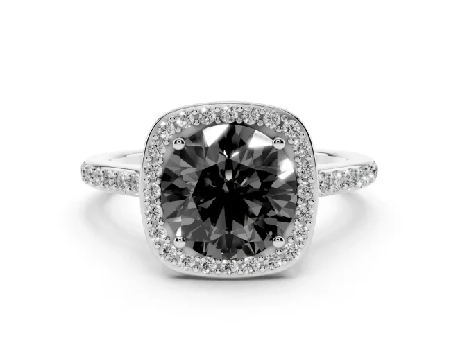 Fancy Black Round Cut Diamond Halo Engagement Ring Set in Platinum with Round Pavé Shoulders and Heart Gallery
