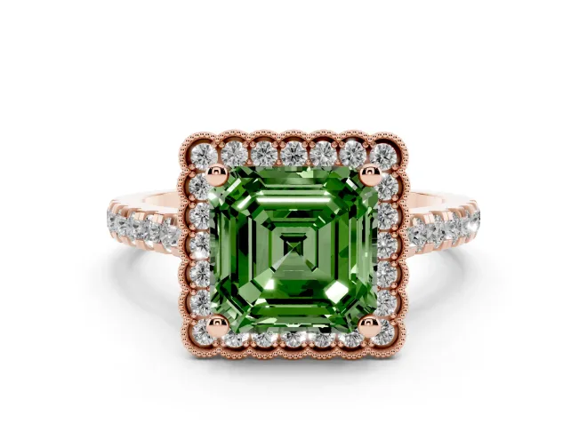 Asscher Cut Milgrain Floral Halo Engagement Ring Setting for a Fancy Green Lab-Grown Diamond | Pavé Band | Rose Gold