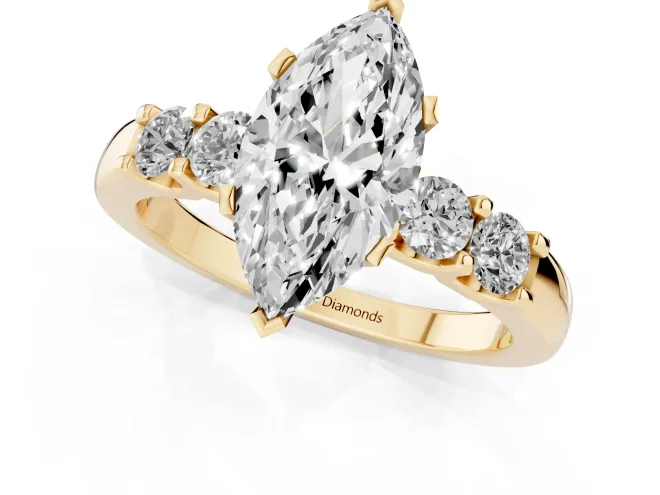 Marquise Cut Diamond Five-Stone Prong Set Engagement Ring Set in Yellow gold with Channel Band – second view