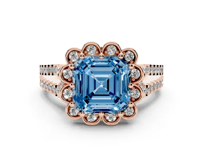 Asscher Cut Floral Halo Engagement Ring Setting for a Fancy Blue Lab-Grown Diamond | Pavé Split Shank | Rose Gold