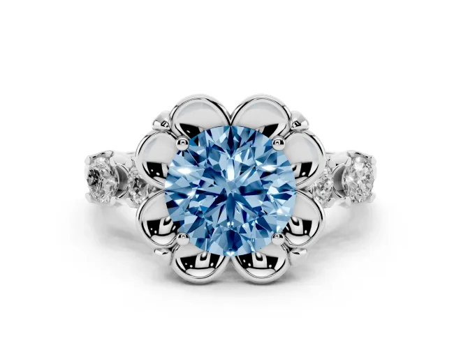 Fancy Blue Round Cut Diamond Floral Halo Ring Set in Silver with Shared Prong Band