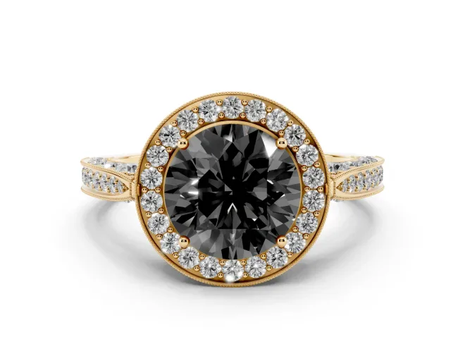 Fancy Black Round Cut Diamond Halo Engagement Ring Set in Yellow gold with Accent Split Shank Band