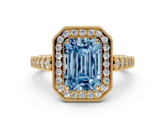 Emerald Cut Graduated Milgrain Halo Engagement Ring Setting for a Fancy Blue Lab-Grown Diamond | Yellow Gold