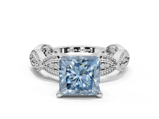 Princess Cut Vintage Milgrain Engagement Ring Setting for a Fancy Blue Lab-Grown Diamond | Graduated Stations | Platinum