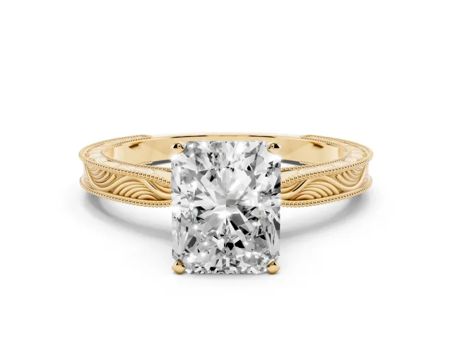 Radiant Cut Engraved Solitaire Engagement Ring Setting | Milgrain Edges | Yellow Gold