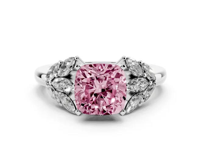 Cushion Cut Leaf Cluster Engagement Ring Setting for a Fancy Pink Lab-Grown Diamond | White Gold