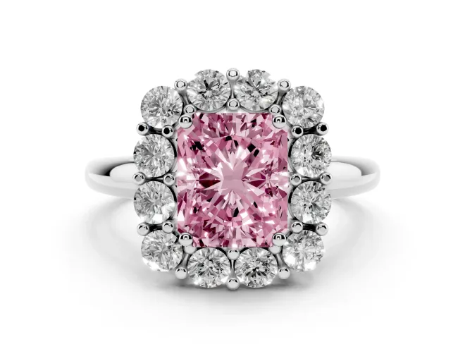 Radiant Cut Cluster Halo Engagement Ring Setting for a Fancy Pink Lab-Grown Diamond | Large Round Accents | White Gold