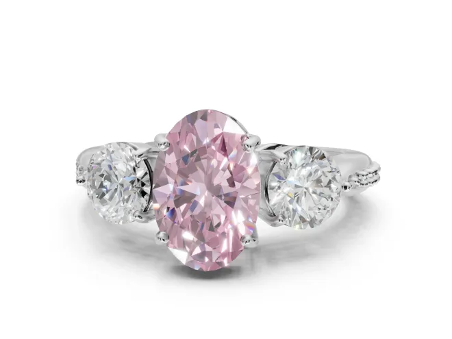 Oval Three Stone Engagement Ring Setting for a Fancy Pink Lab-Grown Diamond | Tapered Pave Band | Sterling Silver