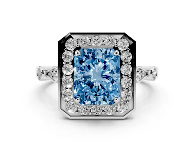 Fancy Blue Radiant Cut Diamond Halo Engagement Ring Set in Platinum with Twisted Band and Prong Setting