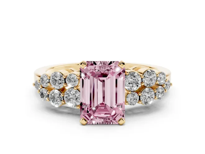 Emerald Cut Side Stone Engagement Ring Setting for a Fancy Pink Lab-Grown Diamond | Shoulder Clusters | Yellow Gold