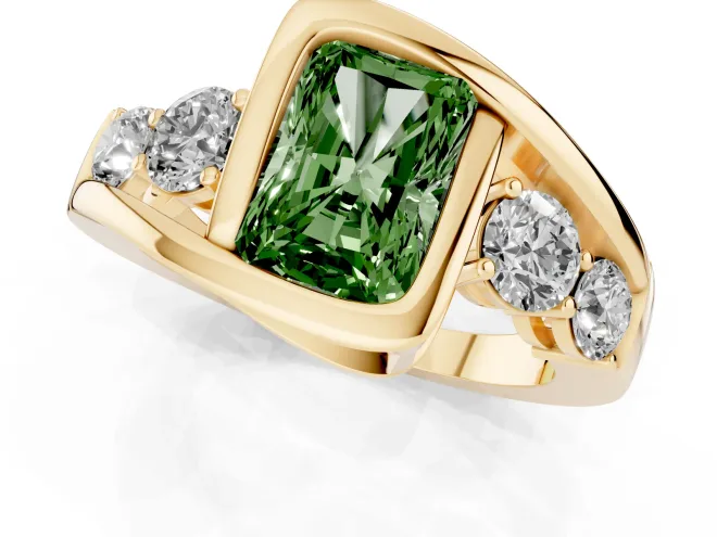 Fancy Green Radiant Cut Diamond Bezel Bypass Ring Set in Yellow gold with Round Accents – second view