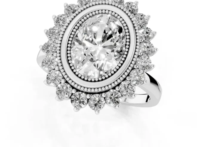 Oval Cut Diamond Halo Ring Set in Silver with Milgrain Edge and Round Prong Setting – second view