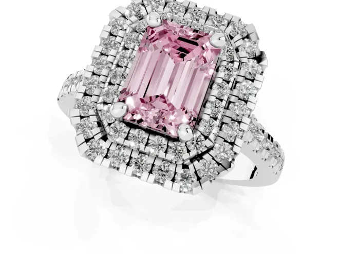 Fancy Pink Emerald Cut Diamond Double Halo Statement Ring Set in Silver with Pavé Band – second view