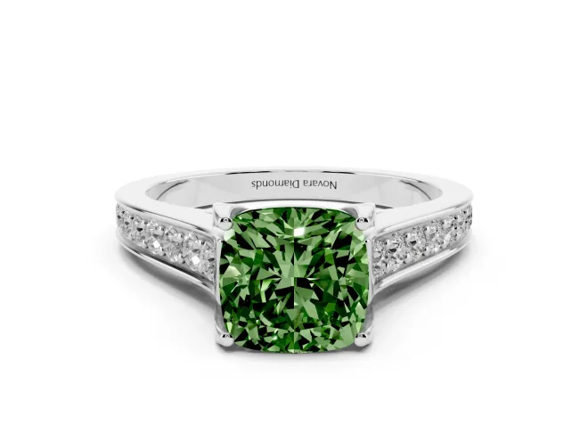 Cushion Cut Graduated Pavé Engagement Ring Setting for a Fancy Green Lab-Grown Diamond | Platinum