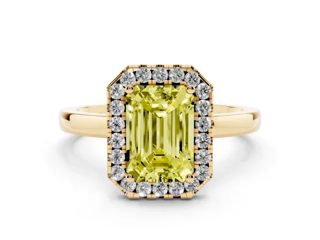 Emerald Cut Thin Halo Engagement Ring Setting for a Fancy Yellow Lab-Grown Diamond | Plain Polished Band | Yellow Gold