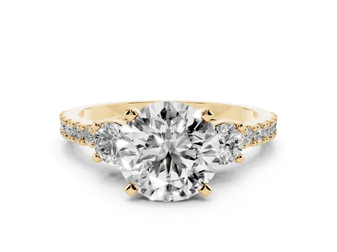 Round Three Stone Pavé Engagement Ring Setting | Round Side Stones | Yellow Gold