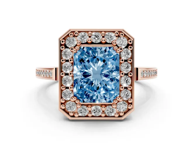 Radiant Cut Halo Engagement Ring Setting for a Fancy Blue Lab-Grown Diamond | Polished Halo Rim | Rose Gold