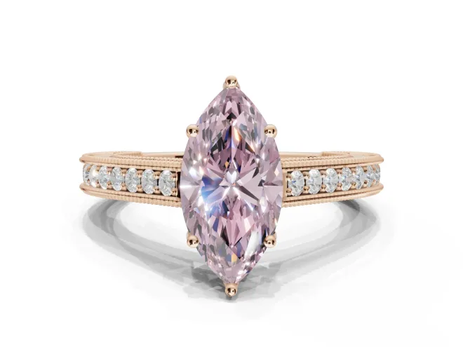 Marquise Vintage Engraved Pavé Engagement Ring Setting for a Fancy Pink Lab-Grown Diamond | Milgrain Edges | Rose Gold