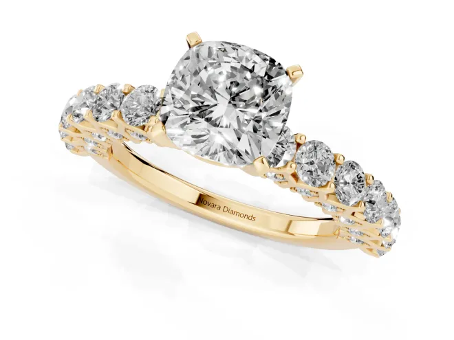 Cushion Cut Diamond Solitaire Ring Set in Yellow gold with Shared Prong Pavé Band – second view