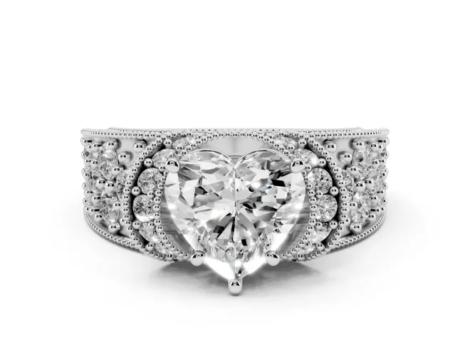Heart Cut Diamond Milgrain Halo Pavé Engagement Ring Set in White gold with Prong Setting