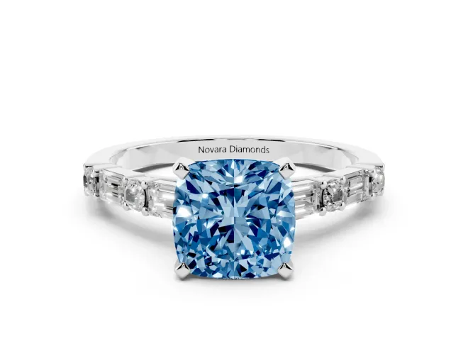 Cushion Cut Baguette Side Stone Engagement Ring Setting for a Fancy Blue Lab-Grown Diamond | White Gold