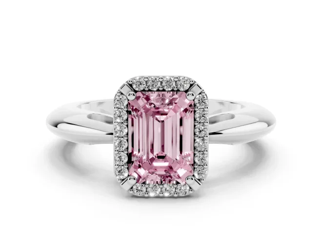 Emerald Cut Halo Engagement Ring Setting for a Fancy Pink Lab-Grown Diamond | Plain Tapered Band | White Gold