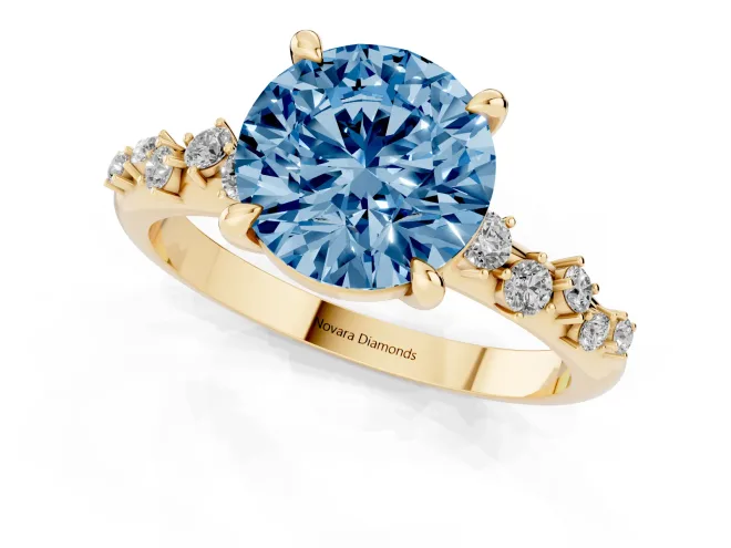 Fancy Blue Round Cut Diamond Solitaire Vine Band Ring Set in Yellow gold with Round Accents and Prong Setting – second view
