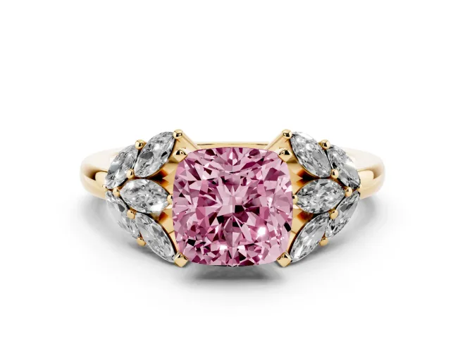 Cushion Cut Leaf Cluster Engagement Ring Setting for a Fancy Pink Lab-Grown Diamond | Yellow Gold