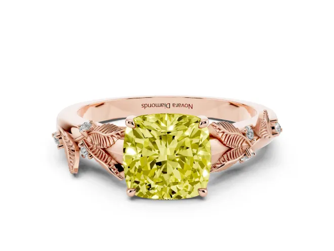 Cushion Cut Leaf Solitaire Engagement Ring Setting for a Fancy Yellow Lab-Grown Diamond | Rose Gold