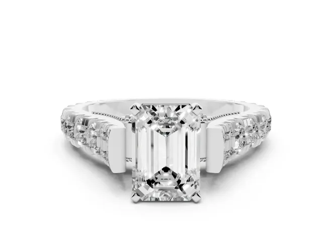 Emerald Cut Graduated Cathedral Engagement Ring Setting | Side Stones | Sterling Silver