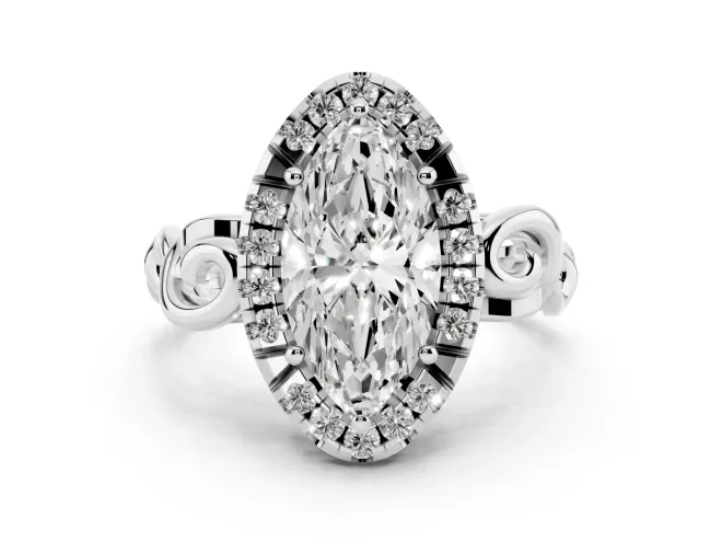 Marquise Cut Diamond Halo Ring Set in Platinum with Scrollwork Band and Prong Setting