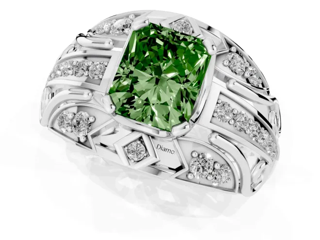 Fancy Green Radiant Cut Diamond Art Deco Ring Set in White gold with Pavé Split Shank – second view