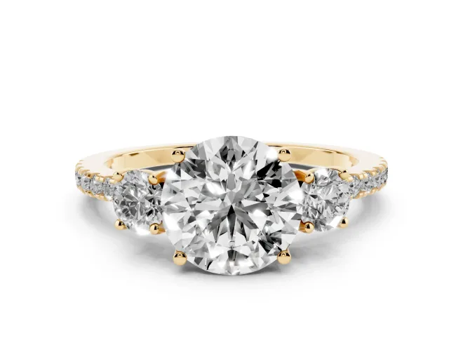 Round Three Stone Engagement Ring Setting | Pavé Shoulders | Yellow Gold