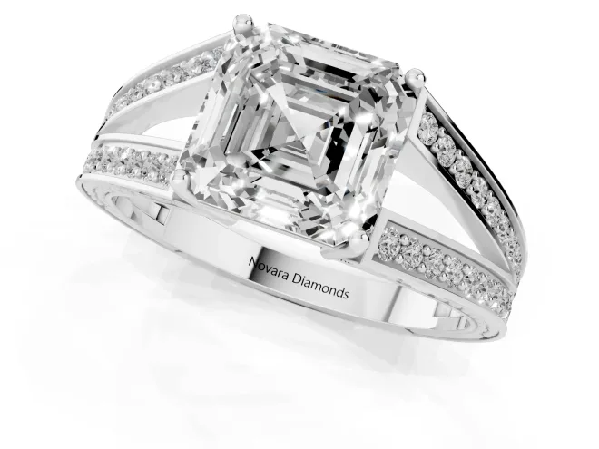 Asscher Cut Diamond Split Shank Ring Set in Silver with Pavé Band and Prong Setting – second view