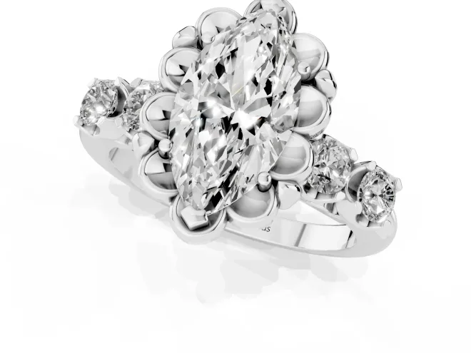 Marquise Floral Engagement Ring Setting | Petal Frame and Side Stones | Sterling Silver – second view