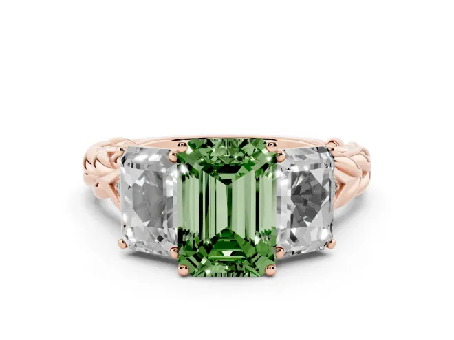 Emerald Cut Three Stone Engagement Ring Setting for a Fancy Green Lab-Grown Diamond | Braided Band | Rose Gold