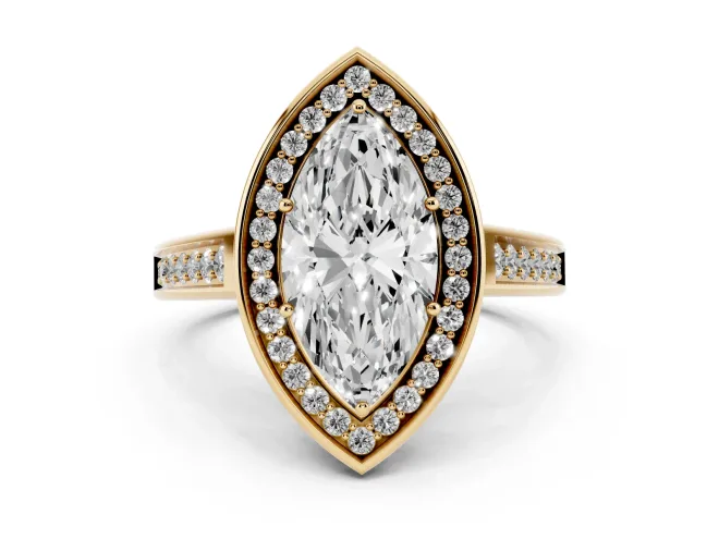 Marquise Cut Diamond Halo Solitaire Ring Set in Yellow gold with Pavé Band and Bezel Setting