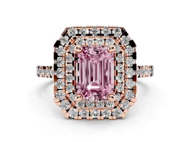 Fancy Pink Emerald Cut Diamond Double Halo Statement Ring Set in Rose gold with Pavé Band