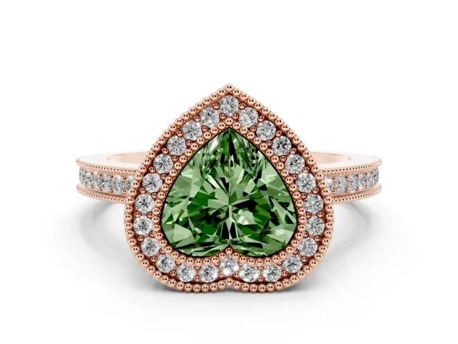 Heart-Shaped Milgrain Halo Engagement Ring Setting for a Fancy Green Lab-Grown Diamond | Rose Gold