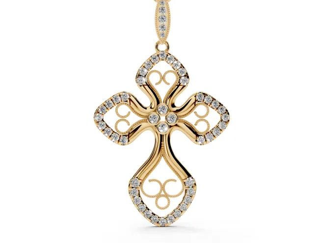 Round Lab-Grown Diamond Graduated Filigree Cross Pendant Necklace | Milgrain Edges | Yellow Gold