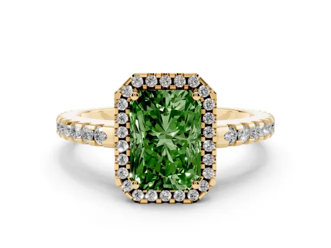 Fancy Green Radiant Cut Diamond Halo Ring Set in Yellow gold with Pavé Shoulders and Halo-Framed Center