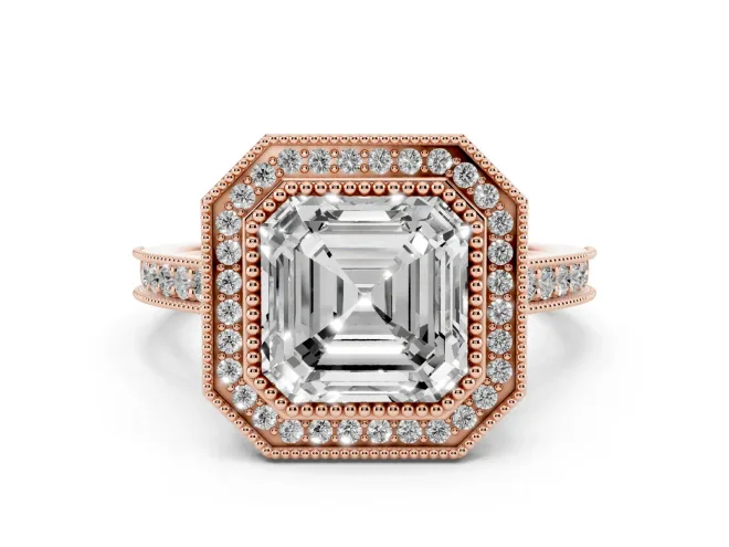 Asscher Cut Vintage Milgrain Halo Engagement Ring Setting | Bezel Head | Rose Gold