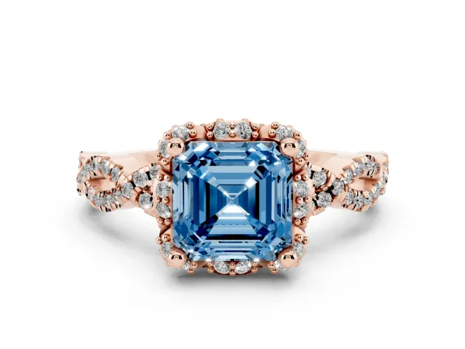 Asscher Cut Milgrain Halo Engagement Ring Setting for a Fancy Blue Lab-Grown Diamond | Graduated Shoulders | Rose Gold
